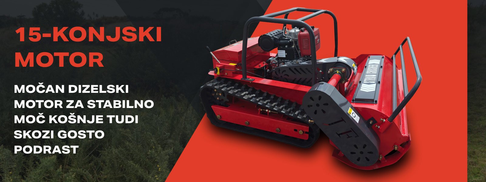 Daljinska kosilnica Mulcher M100 s 15-konjskim dizerlskim motorjem za stabilno moč košnje skozi gosto podrast